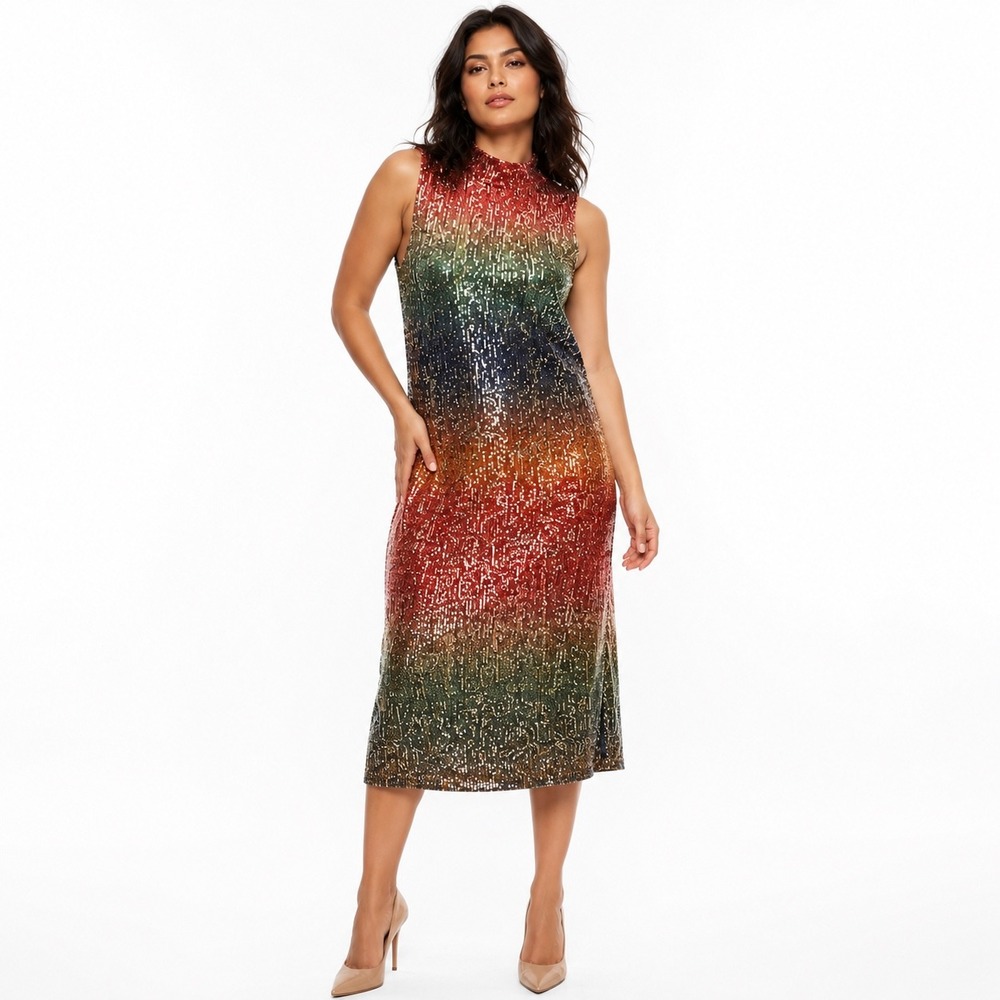 Studio 19 Womens Ombre Sequin Mock Neck‎ Sleeveless Midi Dress S Party New Year